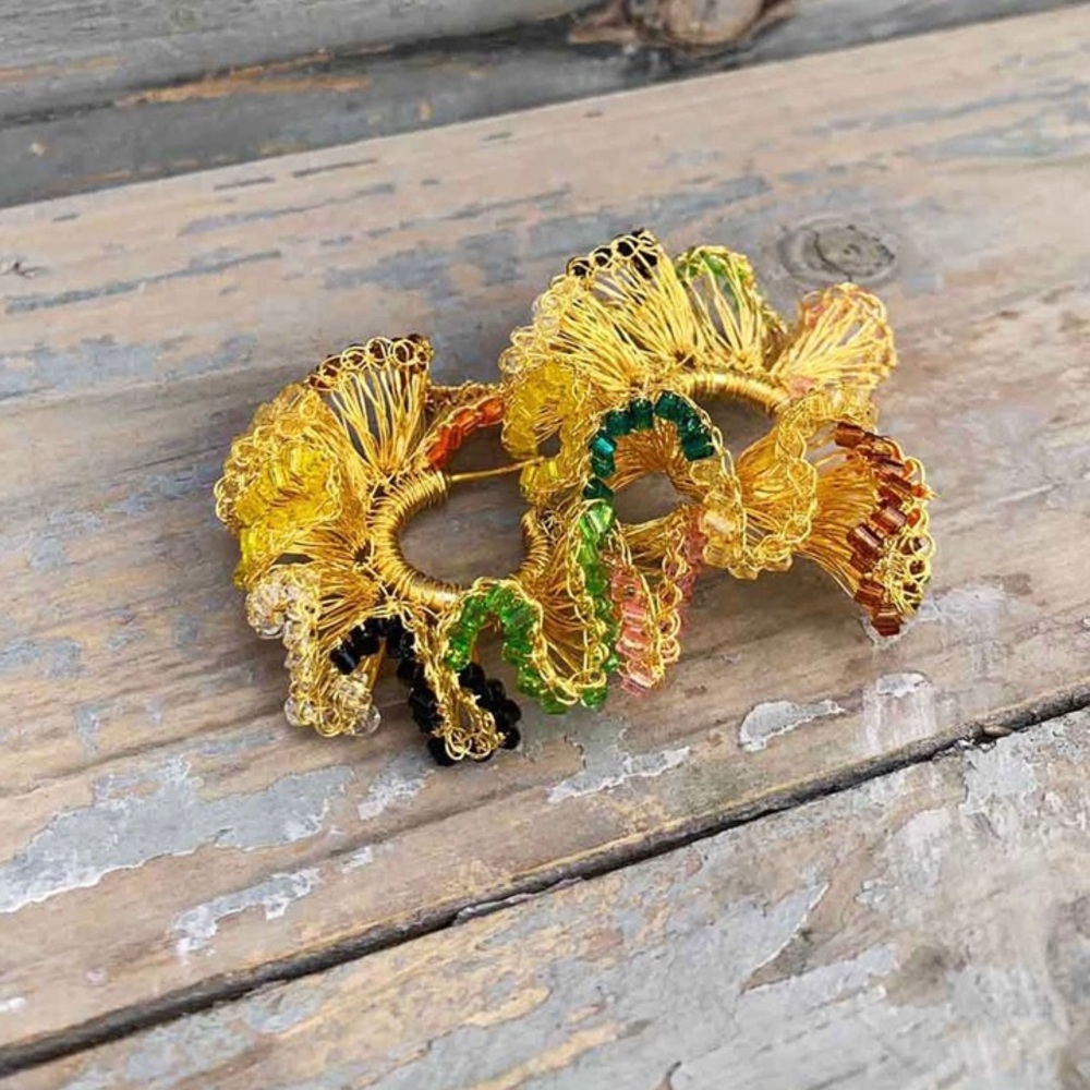 Multicolored Hand Crochet Gold Wire Ruffled Hoops - Picture 3 of 4